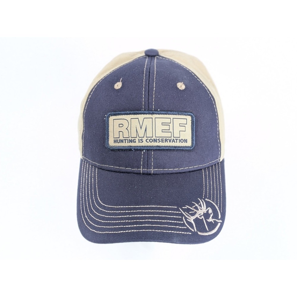 RMEF Rocky Mountain Elk Foundation Baseball Cap Navy Blue Tan Hunting Sponsor